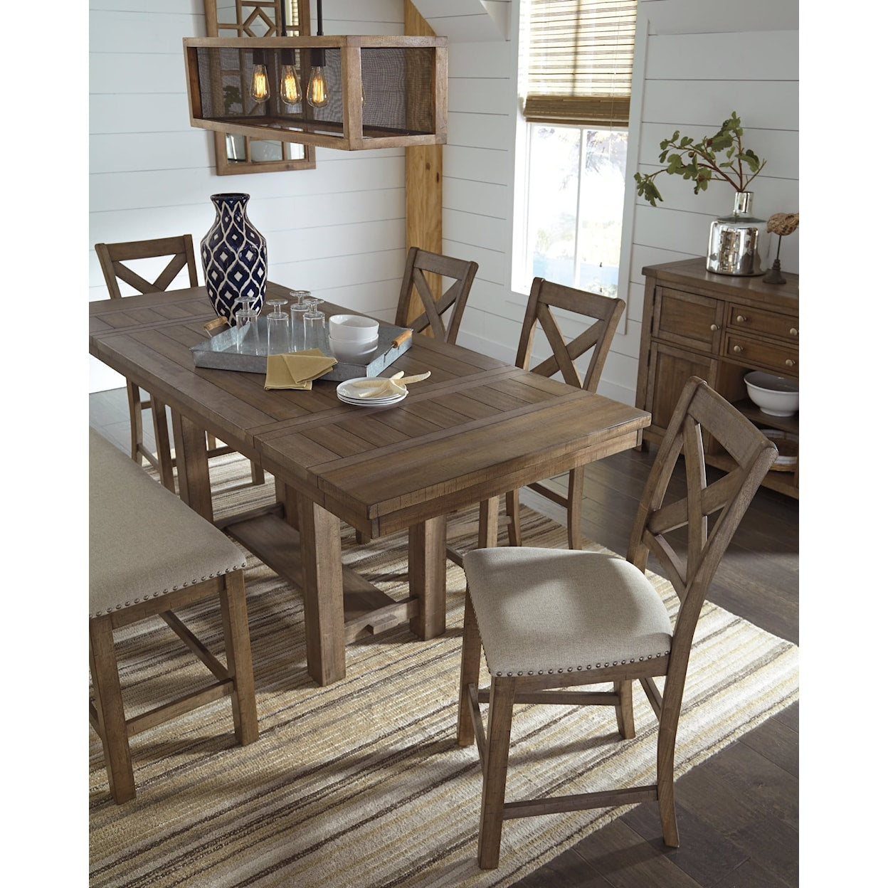 Moriville Counter Height Dining Table and 4 Barstools and Bench with Storage