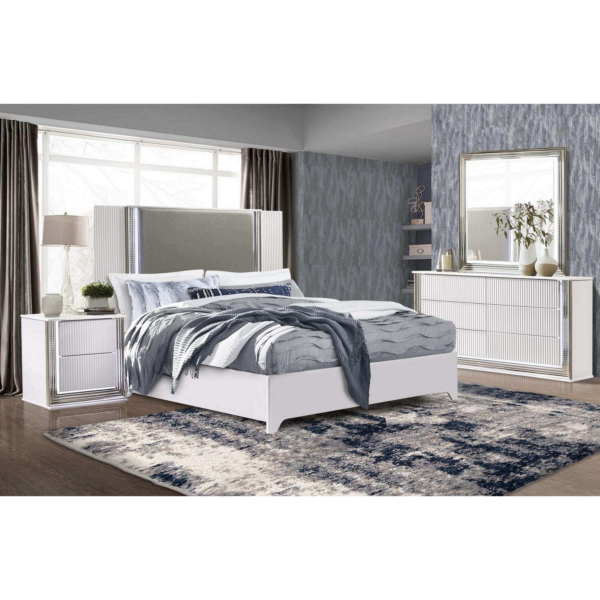 Aspen Queen Bed with LED Headboard with Dresser, Mirror and Nightstand