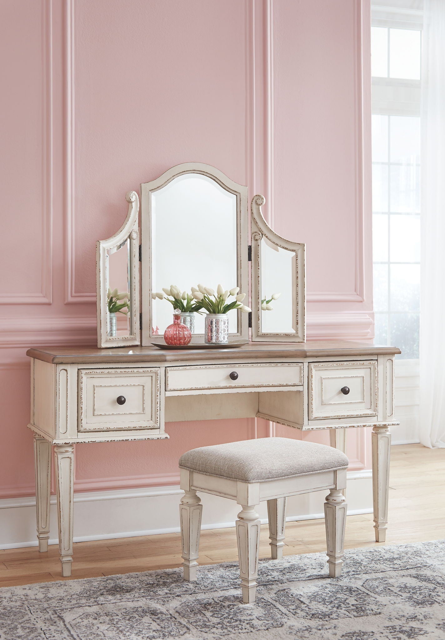 Realyn 3 Drawer Vanity and Mirror with Stool